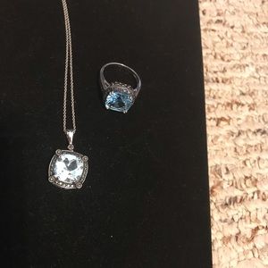 Blue Topaz square pendant & ring Sterling Silver